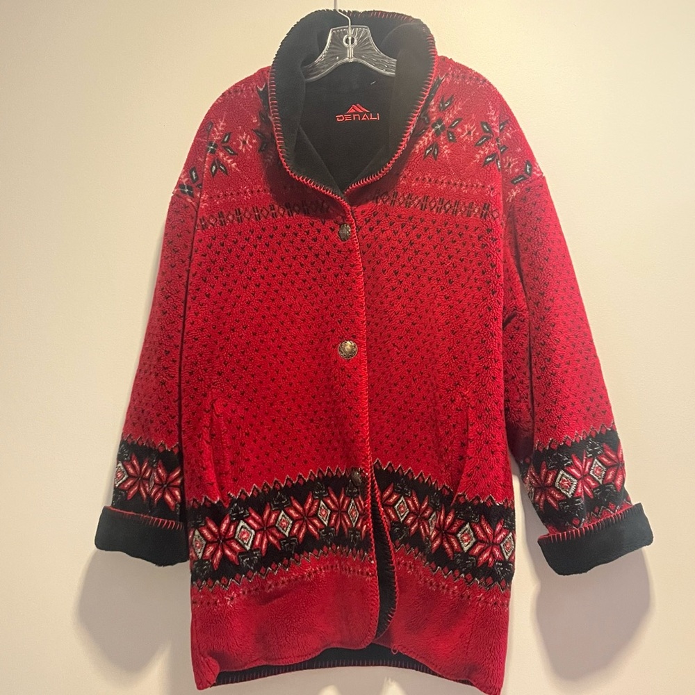 Vintage Denali Nordic Fleece Jacket Red Fair Isle Made in USA Snowflake Coat